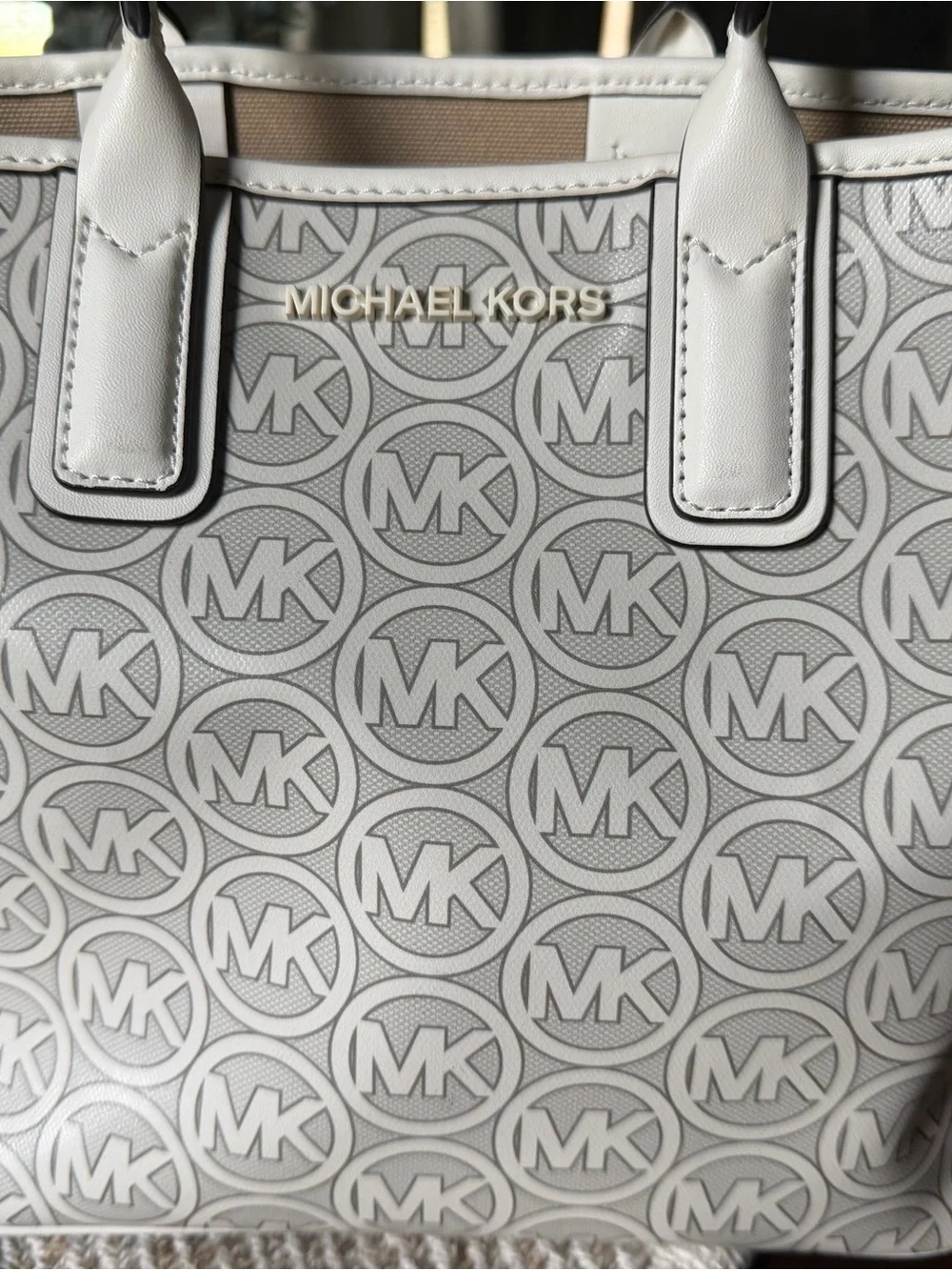 Michael Kors White and Tan MK Logo Tote